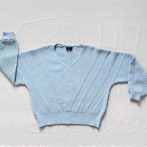 Tahari V-neck cable sweater viscose blend light blue ribbed hem women M